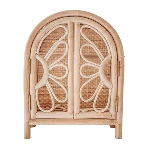 Handmade Natural Rattan Doll Wardrobe with Floral Wing Doors <b>Miniature</b> Clothing Closet with Hangers Sustainable Boho Toy Decor - Product Image 1