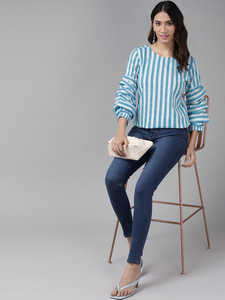 Ensemble 2 pièces long pour femme, en coton à rayures imprimées, bleu, formel, été, écologique, confortable, respirant, pour le quotidien - Product Image 4