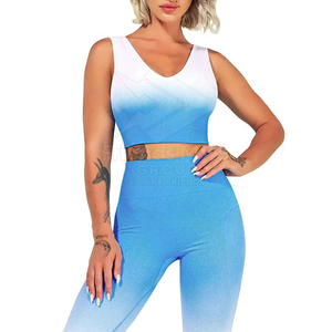 <b>Women</b> Yoga Set Gradient Blue <b>White</b> High Waist <b>Leggings</b> Square Neck Non-Convertible Straps Crop Top 2 Piece Spandex Polyester - Product Image 3