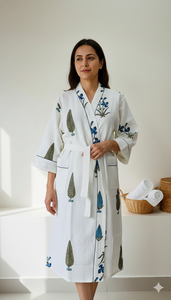 Soft Cotton Floral Bathrobe Women <b>Blue</b> Leaf Block Print Spa Robe Morning Gown Lightweight Comfort Long Dressing Gown For Women - Product Image 2