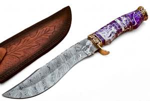Couteau utilitaire d'extérieur artisanal en acier Damas avec manche en résine nacrée violette et garde-poignets en laiton - Product Image 5