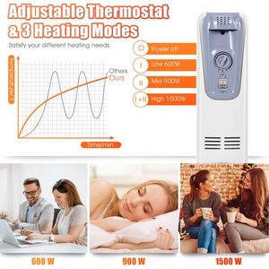 Calentador Eléctrico de Radiador con Relleno de Aceite de 1500W con 4 Ruedas para Uso en Interiores, Enchufe AU/UK - Product Image 6