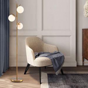 Lampada da Terra Moderna a 3 Luci con Interruttore a Pedale, Attacco LED E27, Paralume in Acrilico Dorato, Design in Marmo e Vetro - Product Image 2