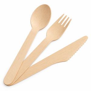 Ensemble de couverts jetables en bois naturel (fourchette, cuillère, couteau) – Vaisselle sans plastique pour la restauration et la vente en gros - Product Image 3