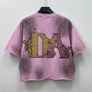 T-shirt court unisexe pour homme, personnalisé, 100 % coton, avec strass vintage, motifs graphiques, effet vieilli, coupe oversize - Product Image 5