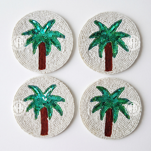 Ensemble de sous-verres perlés motif palmier tropical, rond, à paillettes, pour boissons, décoration de table de bar de plage estivale, support de luxe pour tasses et verres, vente en gros B2B - Product Image 1