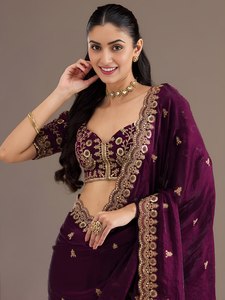 Purple Embroidered <b>Tissue</b> Saree for Women Traditional Long Dress Wrinkle Free Moisture Wicking Party <b>Wedding</b> Wear - Product Image 6