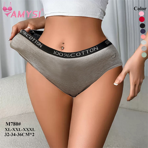 M780 #   Culottes de bikini pour femmes rondes 100% Coton Anti-bactérien Extensible Ceinture à lettres sexy Taille mi-haute Sous-vêtements écologiques - Product Image 1