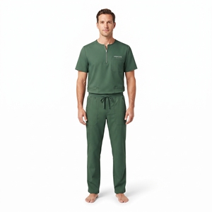 Conjunto de uniforme médico verde para hombre, con cremallera parcial, de poliéster, con pantalón con bolsillos y cintura con cordón - Product Image 1