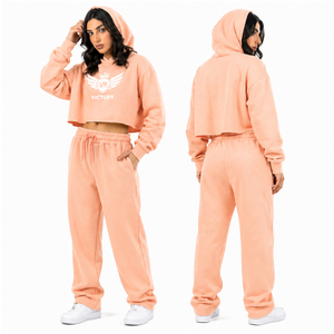 <b>Women</b> <b>Beige</b> Cropped Hoodie <b>Tracksuit</b> Set Custom Logo VK Victory Sweatshirt & Jogger Set Casual Streetwear Two Piece Outfit - Product Image 5