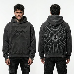 Sweat à capuche vintage gris foncé pour homme, streetwear personnalisé, coupe oversize, motif labyrinthe, en molleton épais délavé à l'acide - Product Image 1