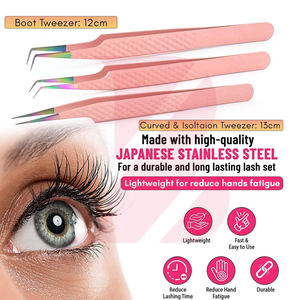 Kit de 3 pinces à épiler pour extensions de cils avec logo personnalisé, pinces à volume texturées roses avec étui en cuir PU pour salon de beauté - Product Image 4