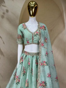 Mint <b>Green</b> <b>Silk</b> Indian Pakistani Set Lehenga Choli Dupatta V Neck Floor-Length Festive Wedding Outfit - Product Image 5