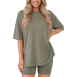 Women's Gray 2-Piece <b>Knitted</b> <b>Set</b> O-Neck Short Sleeve Top With Shorts Solid Loose Fit Breathable Casual Spring Summer Wear - Product Image 6