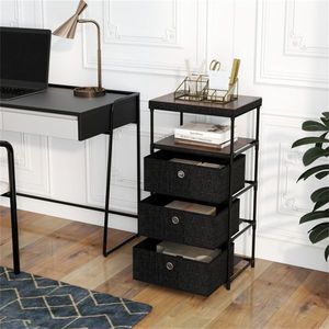 Industrial Wood Top Metal Frame Anti-Tipping 3-Drawer Fabric Storage <b>Cabinet</b> Removable Foldable Drawers <b>Rustic</b> Bro Living Room - Product Image 3