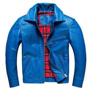Custom Logo Men's Blue Genuine Leather Biker <b>Jacket</b> Stand Collar Zipper Closure <b>Slim</b> <b>Fit</b> Regular Length Polyester Lining - Product Image 1