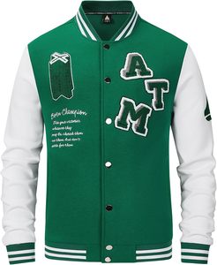 Chaqueta Varsity Unisex Verde con Letras ATM Bordadas, Mangas Blancas, Estilo Preppy, Cuello Alto, Corte Regular, Ropa de Invierno, Resistente al Viento - Product Image 1