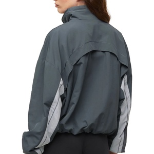Women's Dark Grey Windbreaker <b>Jacket</b> Oversized <b>Track</b> <b>Jacket</b> Two-Tone Sleeve Sporty Zip Up Bomber Coat Casual Sportswear - Product Image 5