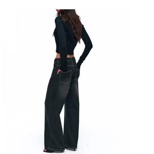 Pantalones vaqueros negros de cintura alta para mujer, de pierna ancha, estilo vintage, lavados, de ajuste holgado y recto, pantalones de mezclilla personalizados al por mayor, a la moda - Product Image 3