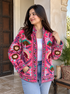 Custom Maaunique Hand Embroidered Eco-Friendly 100% Cotton Suzani <b>Velvet</b> Bomber Jacket Traditional Floral Festival <b>Coat</b> O-Neck - Product Image 6