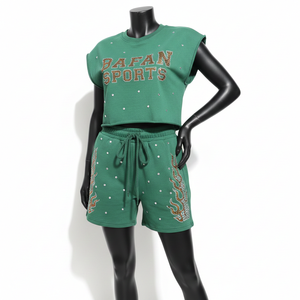 Conjunto de Camiseta sin Mangas y Pantalones Cortos de Algodón Grueso 100% para Mujer, con Logotipo Verde Cristal, Ropa de Verano - Product Image 6