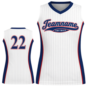 Maillot de softball sans manches à sublimation intégrale, blanc à rayures fines, col en V, uniforme d'équipe personnalisé avec numéro au dos - Product Image 1