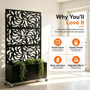 Divisorio Decorativo Autoportante in Metallo Nero con Motivo a Foglie, Fioriera e Recinzione per Patio - Product Image 3