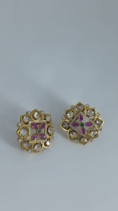 Premium 925 <b>Silver</b> Gold Plated Square Meenakari Kundan <b>Stud</b> <b>Earrings</b> Pink Green Floral Luxury Jewelry - Product Image 3