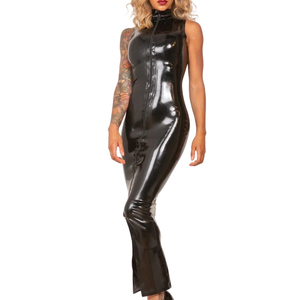 Black PU Bodycon Midi <b>Dress</b> High Neck Sleeveless Asymmetrical Hem High <b>Slit</b> Party Wear - Product Image 2