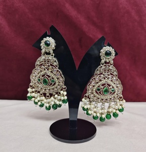 Traditional Antique Bronze Plated Brass Flower Design Diamond & <b>Red</b> Gemstone Chandelier <b>Earrings</b> with Imitation Pearl Beads - Product Image 5