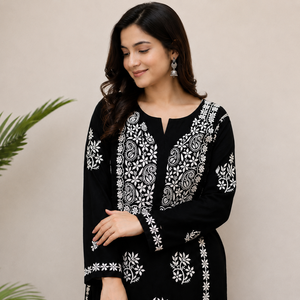 Best Selling Black Chikankari Embroidered Cotton <b>Kurti</b> for Women – Elegant Floral Paisley Ethnic Wear with Long Sleeves - Product Image 3