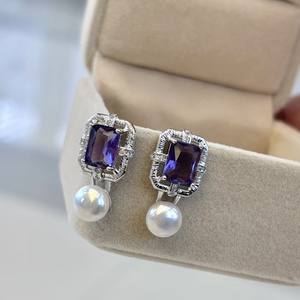 Boucles d'oreilles pendantes en argent pur de qualité supérieure, zircon violet rétro français, perle d'eau douce, nouvelle collection exquise de qualité supérieure - Product Image 5