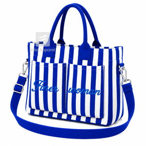 Custom Zeta Phi Beta Sorority Tote <b>bag</b> Blue and White Embroidered Logo Striped Daily Use <b>Large</b> Capacity <b>Canvas</b> Tote <b>bag</b> - Product Image 1
