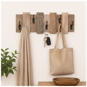 Porte-manteau mural rustique artisanal en bois de récupération avec 5 crochets métalliques robustes pour entrée, buanderie et rangement domestique - Product Image 4