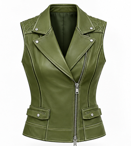 Women's Olive Green <b>Leather</b> Moto <b>Vest</b> With Zipper Closure - Product Image 1