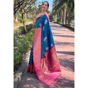 Peacock Blue Soft Silk Saree with Gold Zari Woven Contrast Elegant <b>Cocktail</b> <b>Dresses</b> - Product Image 1