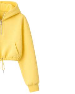 Sudadera con capucha de forro polar amarilla personalizada, con cremallera corta, bolsillo canguro, dobladillo con cordón ajustable, estilo casual urbano, cálida, para mujer - Product Image 3