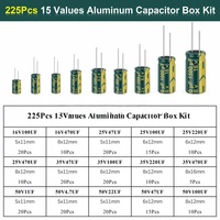 Kit d'assortiment de condensateurs électrolytiques en aluminium FYX Stock 225 pièces, 15 valeurs, 16V 25V 35V 50V, radiaux DIP, composants électroniques en boîte