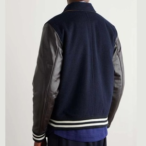 Veste de sport marine pour homme avec manches en cuir, col rabattable, fermeture éclair, style décontracté, couleur unie, coupe classique, idéale pour l'automne - Product Image 1