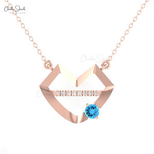 Collier en topaze bleue suisse naturelle taille brillant 0,24 carats avec barre de diamants G-H sertie pavé en or véritable 14 carats, cadeau pour la Journée de la Femme - Product Image 4