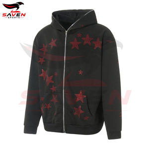 Sweat à capuche zippé pour homme de haute qualité, noir, avec motif graphique en strass, tissu épais, motif étoile rouge, effet diamant brillant, style streetwear. - Product Image 2