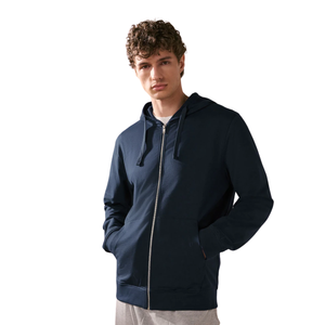 Unisex <b>Navy</b> <b>Blue</b> <b>Fleece</b> Hooded Zipper <b>Jacket</b> Casual Autumn Wear Regular Fit Solid Color Pockets Knitted Polyester Material - Product Image 3