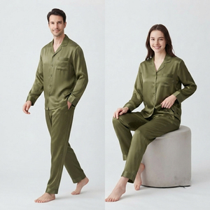 Unisex Satin <b>Pajamas</b> Set Long Sleeve Turn-down Collar Shirt <b>Pajama</b> Set Satin Sleepwear Classic Style 100% Silk Nightwear <b>Suit</b> - Product Image 1