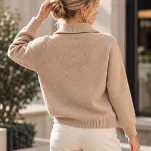 Suéter de punto tipo polo para mujer, cuello relajado, jersey suave de manga larga, prendas de punto premium, jersey holgado para otoño e invierno, venta al por mayor - Product Image 5