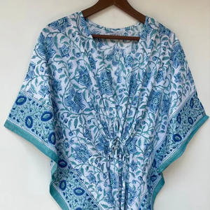 Nuevo y Elegante Kaftán con Estampado Animal, Cuello en V, Cordón Ajustable, Manga Corta, Corte Evase, de Algodón Suave Indio, con Encaje, Largo Completo, para Playa - Product Image 1