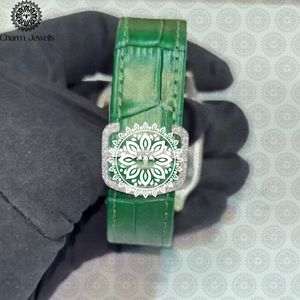 Montre mécanique de luxe Charm Jewels en acier inoxydable, boîtier carré 40 mm, bracelet en cuir vert, accents de diamants, mode masculine, date automatique - Product Image 2