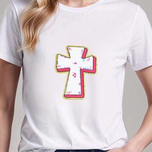 แผ่นปะติดรีดติดลายปักดอกไม้สีขาวชมพูขอบเหลืองสำหรับตกแต่งเสื้อผ้า - Product Image 1