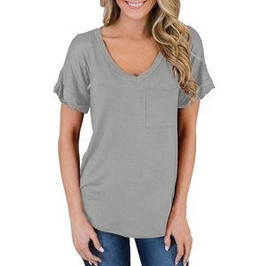 T-shirt d'été pour femme à col en V, coupe ajustée, décontracté, basique, avec poche, couleur macaron, style urbain, manches courtes - Product Image 1