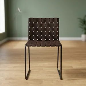 Modern Leather Weave Dining <b>Chair</b> with Metal <b>Legs</b> and Backrest <b>for</b> Home Furniture - Product Image 4