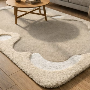 Tapis en laine de forme organique, tapis à poils longs et courts beige crème, tapis modernes pour salon, tapis tufté fait main, tapis sculpté neutre - Product Image 3